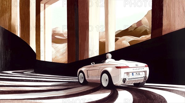 An illustration of a convertible driving on a winding road surrounded by modern architecture and