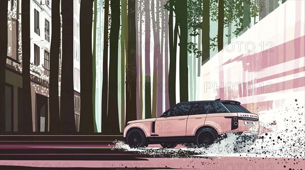 An illustration of an SUV speeding through a forest, creating a vibrant streak of pink and white,