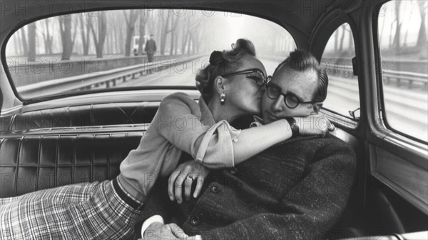 A black and white vintage photograph of a couple kissing inside a classic car, creating a nostalgic