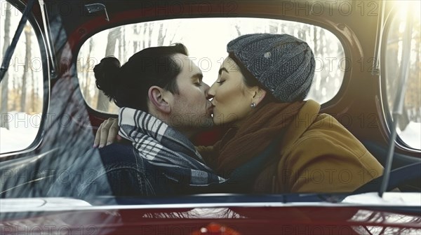 A couple sharing a kiss in a car during winter, both dressed warmly in scarves and hats, AI