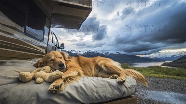 Dog sleeping on RV bed with a toy beside, overlooking a lake and mountains under a cloudy sky, AI