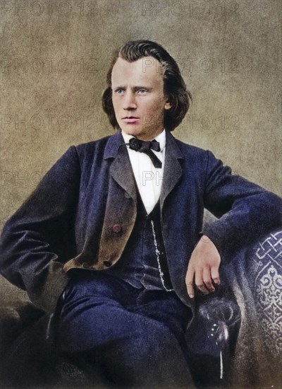 Johannes Brahms (1833-1897), German composer, ca. 1866, Halftone from a photograph, Historic,
