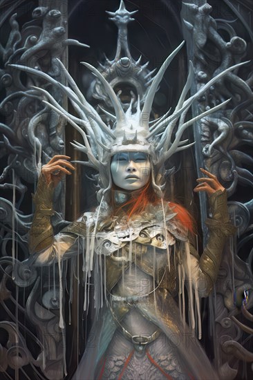 White Goddess wearing a crown made of horns in front of a surrealistic gate, AI generated