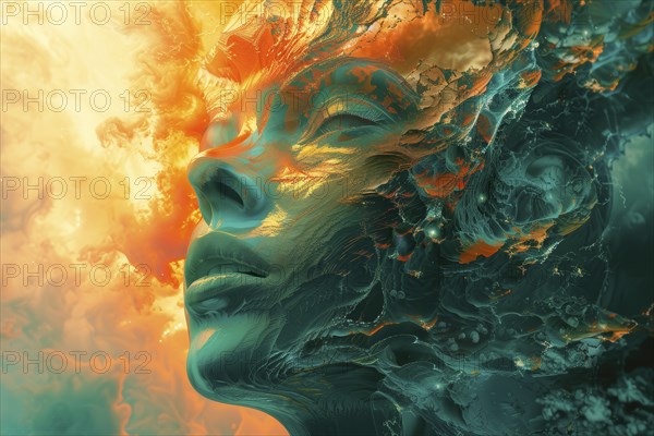 Ethereal surrealistic representation of a young woman's head, AI generated