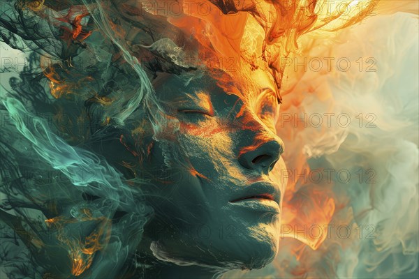 Ethereal surrealistic representation of a young woman's head, AI generated