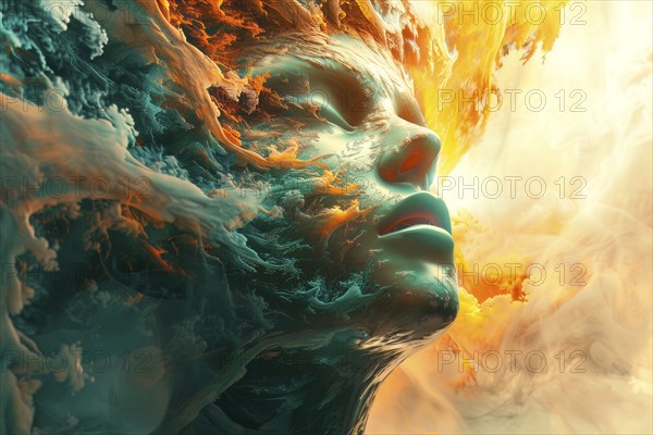 Ethereal surrealistic representation of a young woman's head, AI generated