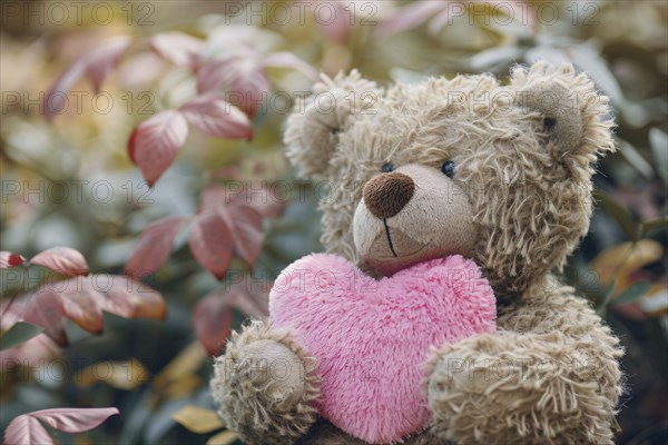 Cute beige teddy bear plush toy holding pink heart. Generative AI, AI generated