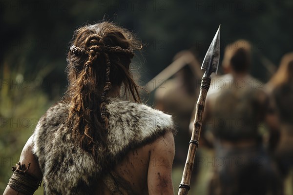 Prehistoric woman with fur and spear on hunt. Generative Ai, AI generated