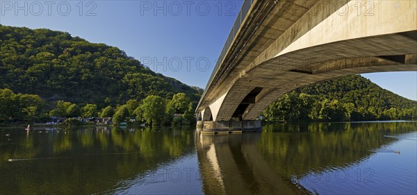 Panorama of Lake Hengstey with the Syberg Ruhr Bridge, Dortmund, North Rhine-Westphalia, Germany,