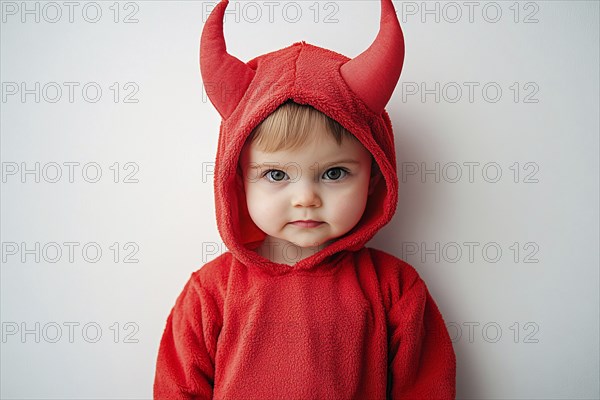 Boy child wearing red Halloween devil costume hoodie with horns in front of white background.