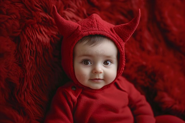 Cute baby wearing red Halloween devil costume hoodie with horns. Generative Ai, AI generated