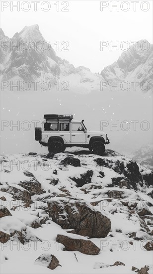 A white Land Rover parked on a rocky, snow-covered hill with misty mountains in the background, AI