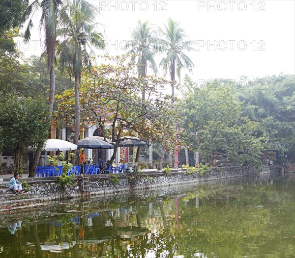 Restaurant at the panoramic lake of the Buddhist Thay Temple or Chua Thay or Master Temple, Sai Son