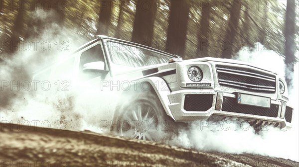 White SUV drifting through a dusty forest path with dramatic sunlight filtering through the trees,