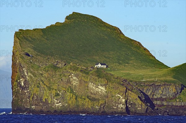 A small hut stands on a high, grassy cliff in the sea, Westman Islands, Iceland, Europe