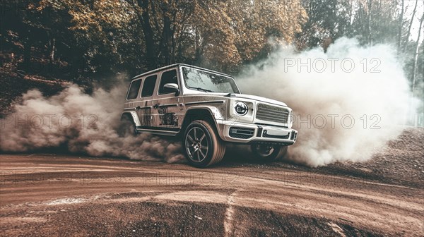 A white SUV drifting on a dirt road with plumes of smoke in a forest during autumn, AI generated