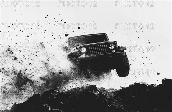 A black SUV in mid-air above rocks, creating a dust cloud in a monochrome shot, AI generated