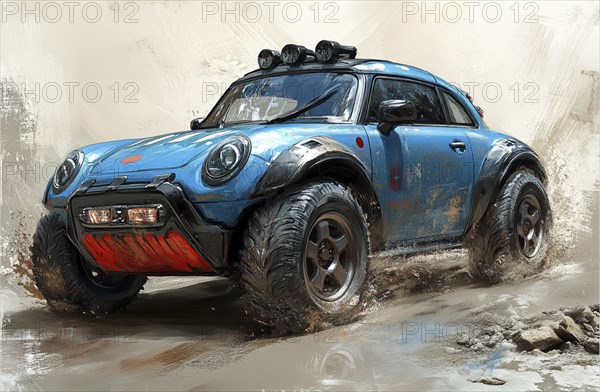 A blue car speeding on a muddy road, causing splashes in a dynamic off-road setting, AI generated