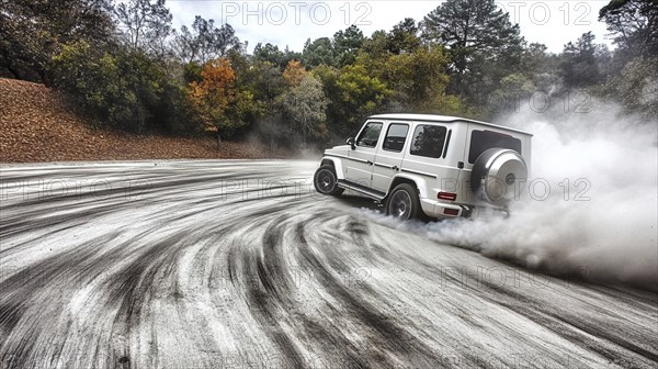 A white SUV drifting on a road surrounded by autumn trees, creating plumes of white smoke, AI
