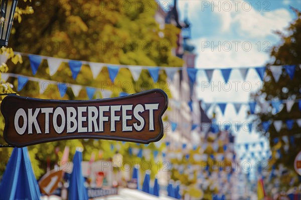 Wooden sign with text 'Oktoberfest' at entry of traditional Bavarian German festival. Generative