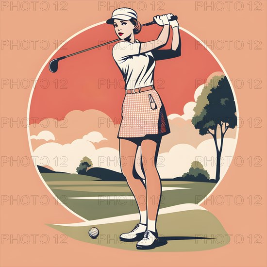 Female golf player in retro design line art style illustration, AI generated