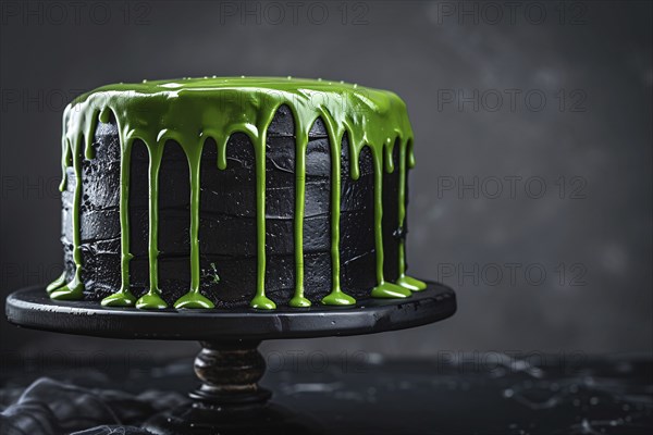Black Halloween cake with bright neon green dripping frosting. Generative Ai, AI generated