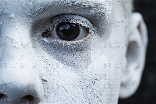 Close up of man's face with spooky pale white ghost Halloween costume face paint. Generative Ai, AI