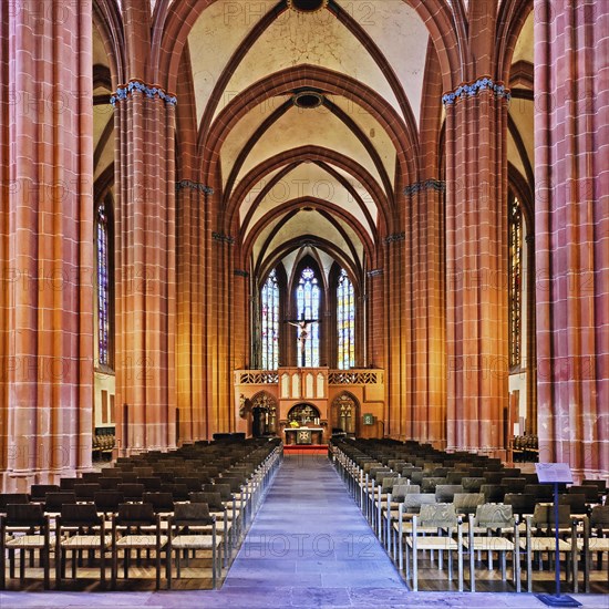 Protestant Church of Our Lady, interior view of the altar and rood screen, Gothic hall church,
