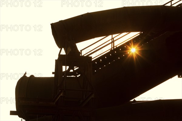 The sun shines through large former industrial pipes in the Westpark with a pigeon, industrial