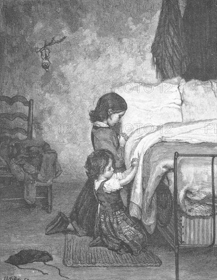 Children at bedside prayer, 1895, Germany, Historical, digitally restored reproduction from a 19th