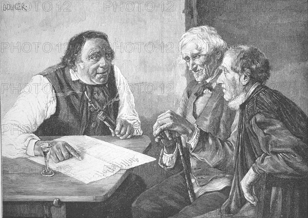 Politicians, three men discussing a decree at the regulars' table, 1890, Germany, Historical,