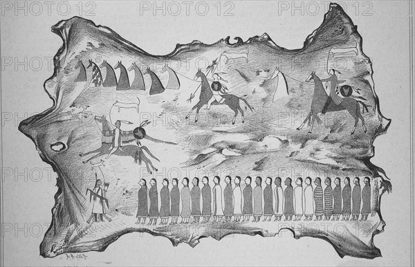 Painted buffalo hide of the Dakota Indian Long Dog, scene depicting him stealing horses and