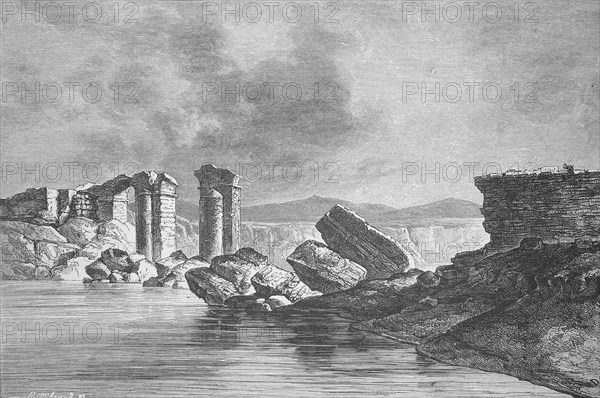 Trajan Bridge, Trajan Bridge over the Medjerda in Simitthus, Chemtou, 1880, Tunisia, Historical,