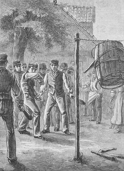 Folk games in Holstein in the 19th century. Throwing the pigeons out of the barrel, Germany,