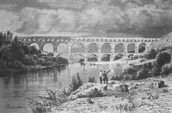 The aqueduct in Nimes, Pont du Gard, France, Historical, digitally restored reproduction from a