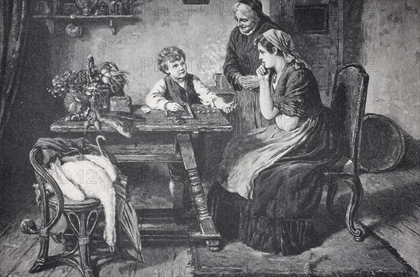 A historical interior with a family consisting of a woman, a child and an older woman interacting