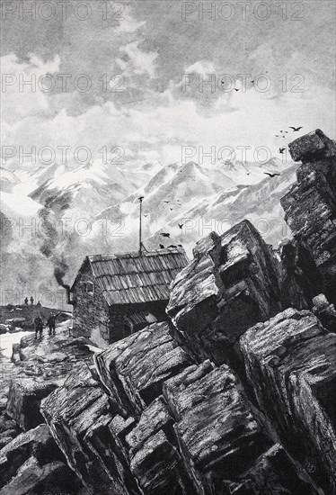 A morning in front of the Breslauer Hütte in the Ötztal Alps, Historical, digitally restored