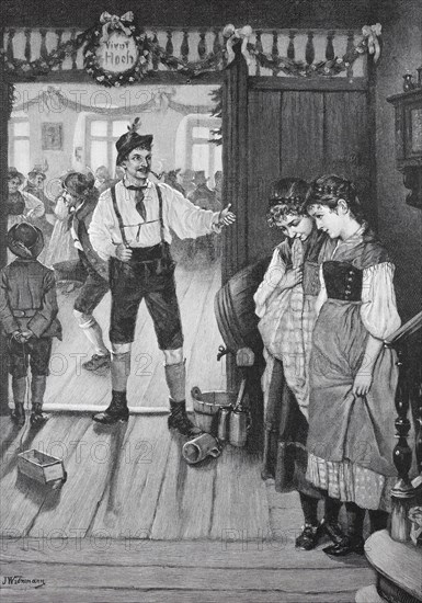 People celebrate and dance in a festive dance hall, adorned with traditional decorations, two girls