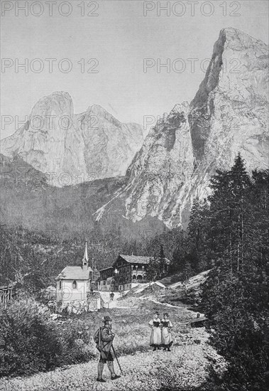Chapel and shelter Hinterbärenbad in Tyrol in the Kaisertal in front of the fire of 1899, Two woman