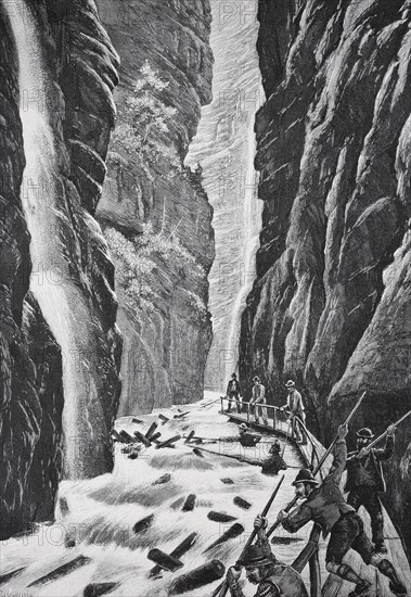 Wooden raftsmen navigate through a narrow, rocky gorge with waterfalls, Wooden drifts in the