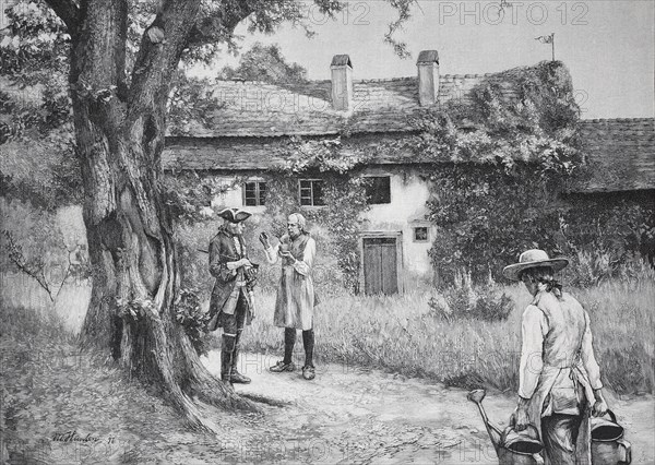Men standing in a garden in front of a country house, while one person carries a water jug, in