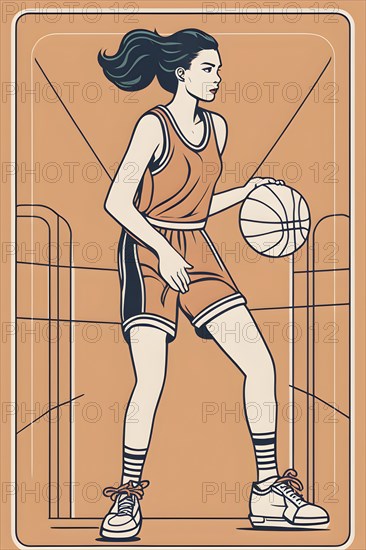 Female basketball player in retro design line art style illustration, AI generated
