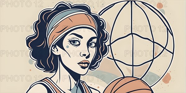 Female basketball player in retro design line art style illustration, AI generated