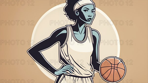 Female basketball player in retro design line art style illustration, AI generated