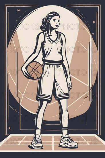 Female basketball player in retro design line art style illustration, AI generated