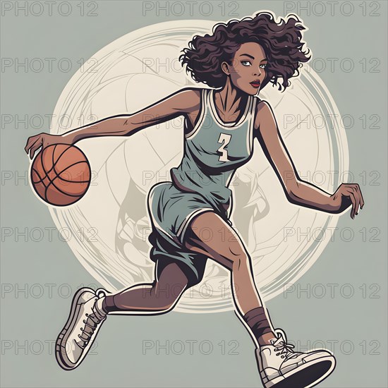 Female basketball player in retro design line art style illustration, AI generated