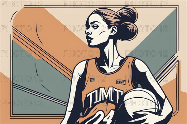 Female basketball player in retro design line art style illustration, AI generated