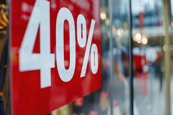 Red sale sign with text '40%' in shopping window. Generative AI, AI generated
