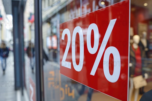 Red sale sign with text '20%' in shopping window. Generative AI, AI generated