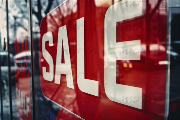 Red sale sign with text 'Sale' in shopping window. Generative AI, AI generated